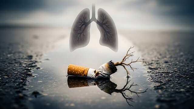 Cigarette butts and lungs pollution concept.