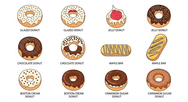Variety of donuts and pastries on white background with labels