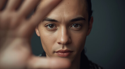 Fototapeta premium Young person portrait with hand reaching toward camera, intense gaze and soft lighting