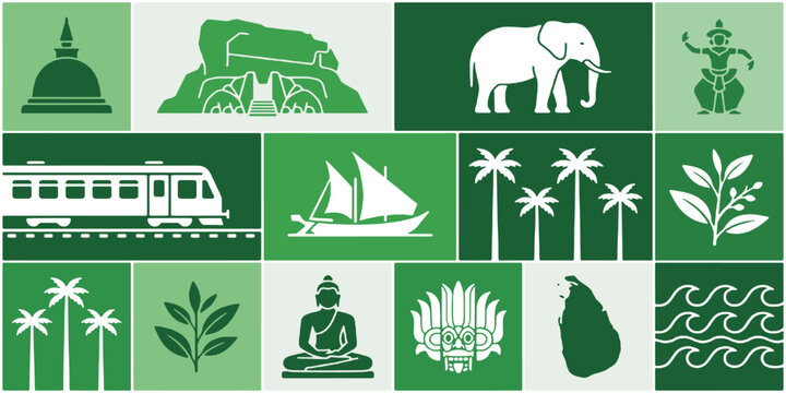 A collage of iconic symbols representing Sri Lanka, including landmarks, culture, nature, and transportation.