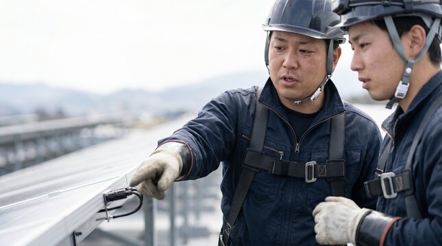 日本人男性の電気工事士が若手に太陽光パネルの点検を育成指導している屋上の様子。30代と20代の作業員がヘルメットとハーネスを着用し、現場で技術を継承する建設現場の風景。