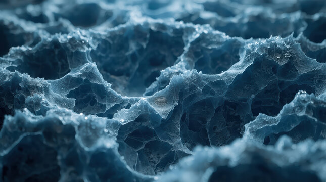 Blue porous texture with depth layering and delicate edges, moody abstract surface detail