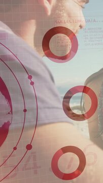 Vertical video: Woman smiling, globe fading in over torso, man entering, HUD showing data growth