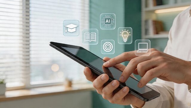 Businessman using tablet digital education icons floating above screen learning technology concept online school application interface AI integration for knowledge sharing smart