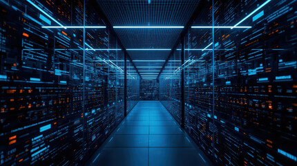 Obraz premium Data center corridor with glowing server racks and blue neon lighting, futuristic depth and calm
