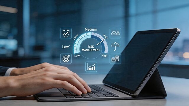 Business man using tablet device to analyze risk management financial growth chart security shield protection umbrella icon target mark symbol on hologram display modern office