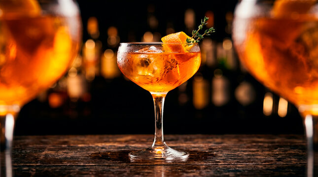 Orange cocktail in elegant glass on bar table with warm ambient lighting
