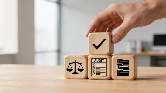 Business man stacking wooden cube blocks with audit checklist law scale folder icon symbols checking compliance risk management process concept in modern office environment