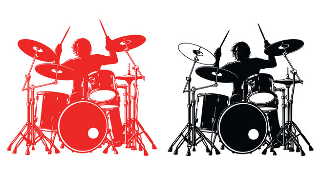 Drummer Silhouette Playing Drums, Red and Black Isolated On White Background