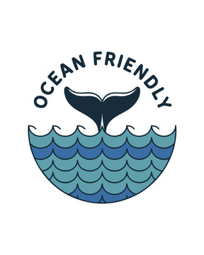 Ocean Friendly whale tail logo with blue waves typography badge, minimalist marine conservation vector on transparent