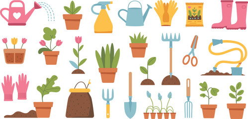 Gardening tools and plants vector set, watering can pots gloves boots rake shovel, home garden equipment illustration collection © Majnur