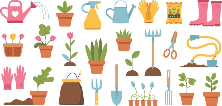 Gardening tools and plants vector set, watering can pots gloves boots rake shovel, home garden equipment illustration collection