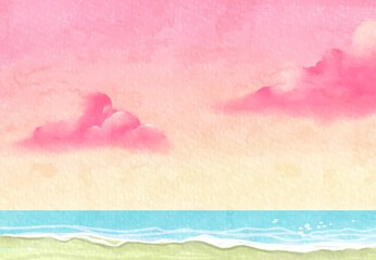 Obraz premium Dreamy Abstract Watercolor Beach Landscape with Pink Sunset Sky Fluffy Clouds and Turquoise Sea Waves Background for Summer Vacation Themes
