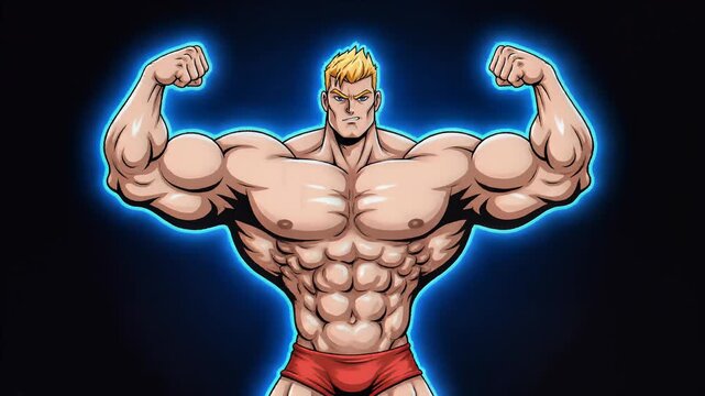 Strong Cartoon Bodybuilder Flexing Biceps with Blue Energy Aura