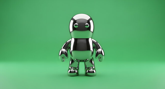 A shiny metallic robot stands on a green screen background.