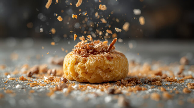 Crispy pastry with crumbs and nut garnish falling in motion, warm golden eclair dessert
