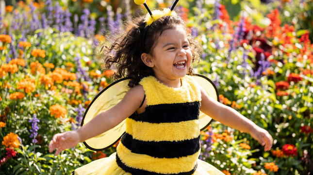 World Bee Day child bee costume spinning garden laughing celebration greeting card poster banner social media design marketing campaign educational awareness