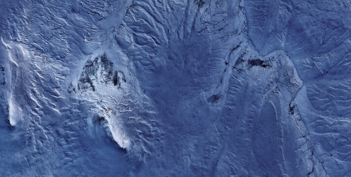 Islas Malvinas (Falkland Islands) &mdash; Snow Covered Mountain Ridge Satellite View Blue Winter Highland and Radial Erosion
