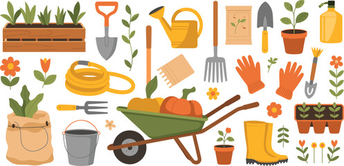 Gardening tools and plants vector set, wheelbarrow shovel gloves watering can flowers, home garden illustration collection design © Majnur