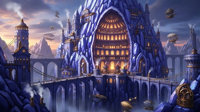 Fantasy castle with large illuminated entrance.
