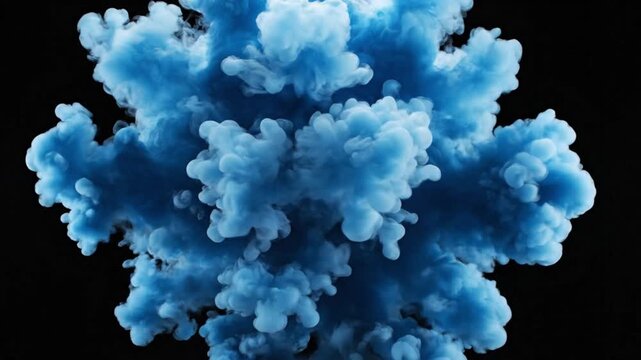 Dynamic expansion of blue smoke cloud against black background