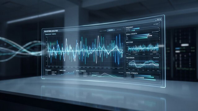 A futuristic digital dashboard displaying various graphs and charts with blue glowing lines on a transparent screen sitting on a sleek gray table in a dark room