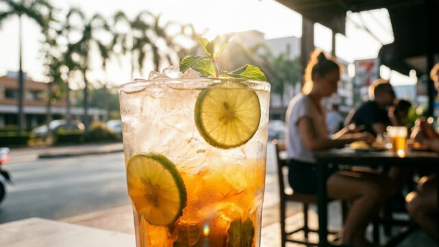 Thai iced tea with lime lemon signature local beverage on wooden background