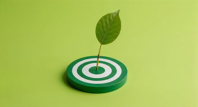 Green Leaf Growing from Target Symbolizing Environmental Goals and Sustainable Growth