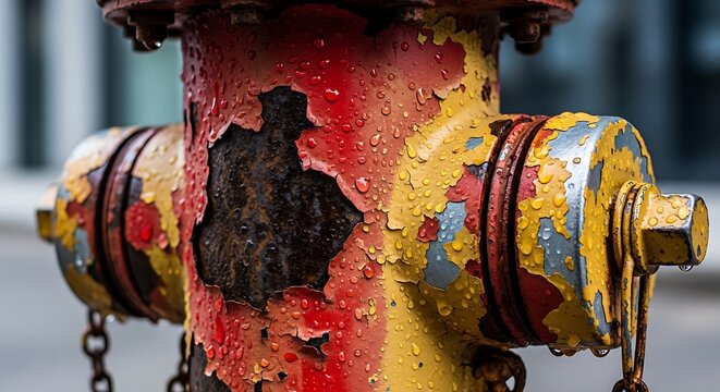Vibrant Peeling Paint and Deep Rust Texture on a Wet, Weathered Urban Fire Hydrant, Symbolizing Age and Industrial Decay
