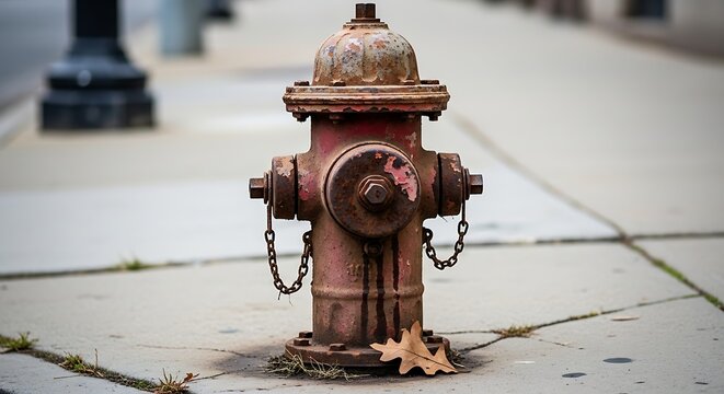 Weathered Red Fire Hydrant on Urban Sidewalk with Fallen Autumn Leaf, Gritty City Public Utility