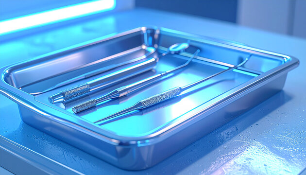 Dental Instruments Arrangement: A close-up view presents a meticulously arranged assortment of dental instruments neatly placed within a sterile tray, capturing the essence of precision and care.