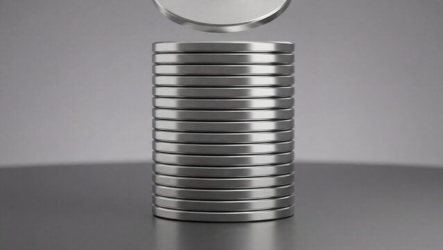 A stack of silver coins with one coin hovering above it on a reflective surface with a gray background