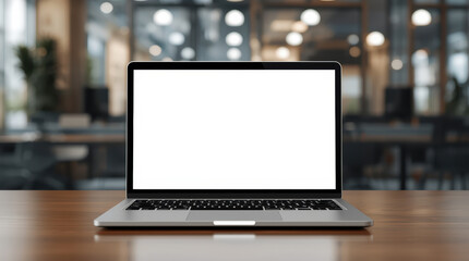Fototapeta premium Modern laptop mockup on wooden desk in blurred office with warm lighting