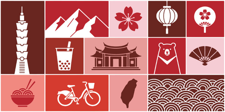 A vibrant collage of iconic Taiwanese symbols and cultural elements, showcasing travel and lifestyle.