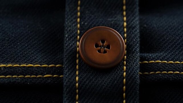 Close-up shot of dark blue fabric with yellow stitching and a brown button, showcasing texture and detail in the textile design