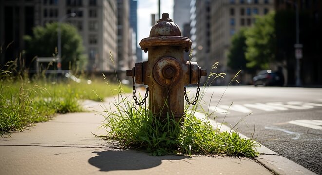 Weathered Fire Hydrant on Urban Sidewalk with Overgrown Grass, Blurred Cityscape Background
