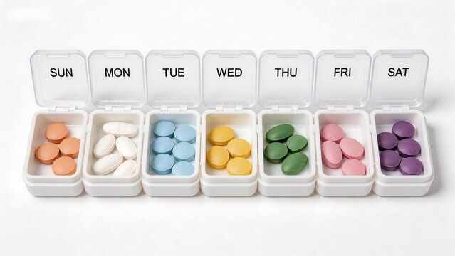 Weekly pill organizer with colorful tablets