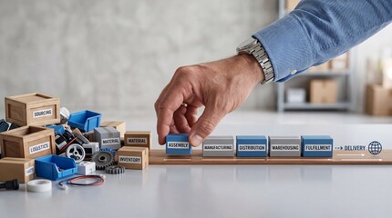 Naklejka premium A person's hand placing a block of wood with lego blocks depicting supply chain streamline metaphor and creative engagement