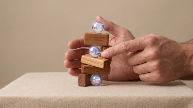 Individual playing with a wooden block trying to reinforce stability in an interactive fun environment
