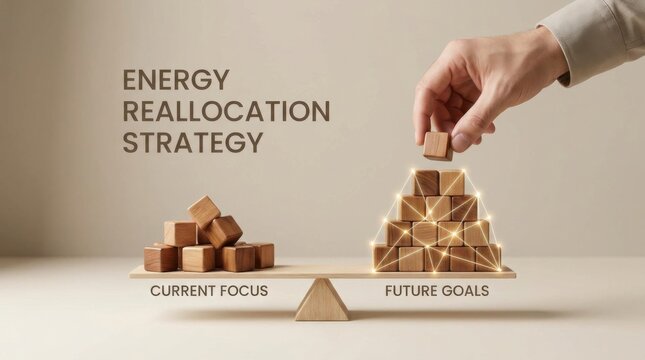 Person strategically placing a block on a scale representing energy reallocation strategy and future goal achievement