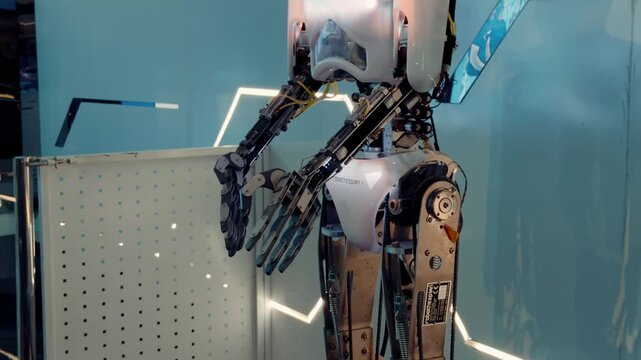 Futuristic Humanoid Robot Environment and Illuminated with Advanced Lighting Ai Technology. Modern High-tech Robotic Body. Concept of Artificial Intelligence with People 4k