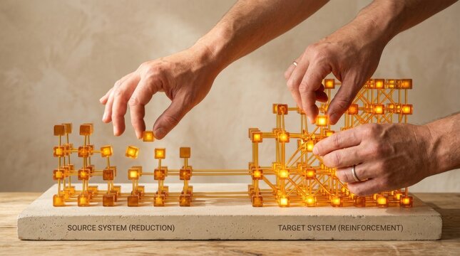 Man's hands placing an orange lightbulb on a concrete block in a creative representation of energy reallocation