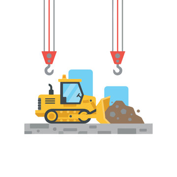 This vector illustration features a yellow bulldozer moving dirt on a construction site, with two red crane hooks hanging from above.