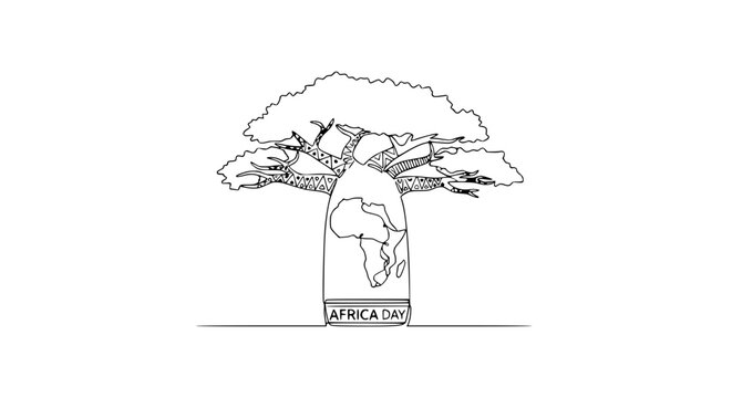 Africa Day Baobab Tree with Continent Outline on White Background