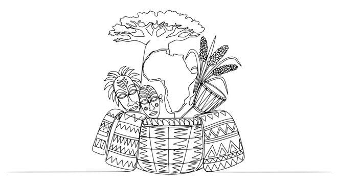 African Culture Symbolism: Masks, Drum, Baobab Tree, Globe, Basket, Corn - Line Art