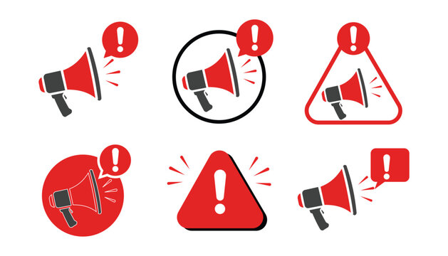 Set of megaphone icons with exclamation marks for important announcements and alert notifications vector illustration