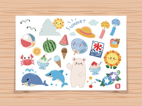 Summer Motif Illustration Set with Wood Background