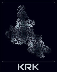 Obraz premium Krk digital style map. Small circle dots on dark background. Dotted shape of the island. Krk map and title. Awesome vector illustration.