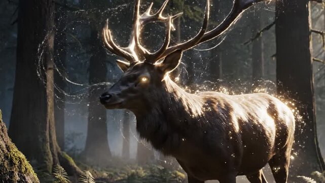Majestic Deer Standing in Misty Forest Glade with Sunlight Filtering Through Trees