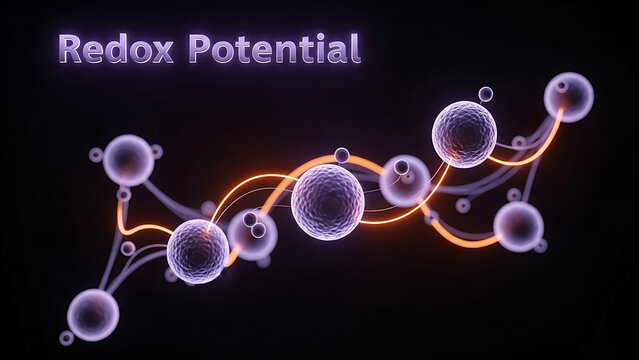 Redox potential molecular structure with glowing orange lines and purple atoms on dark background
